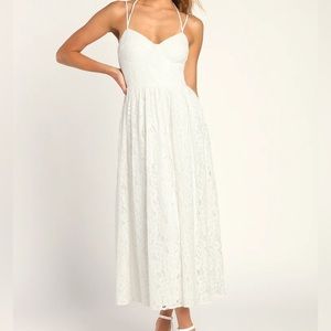 Striving for Elegance White Crochet Lace Bustier Midi Dress